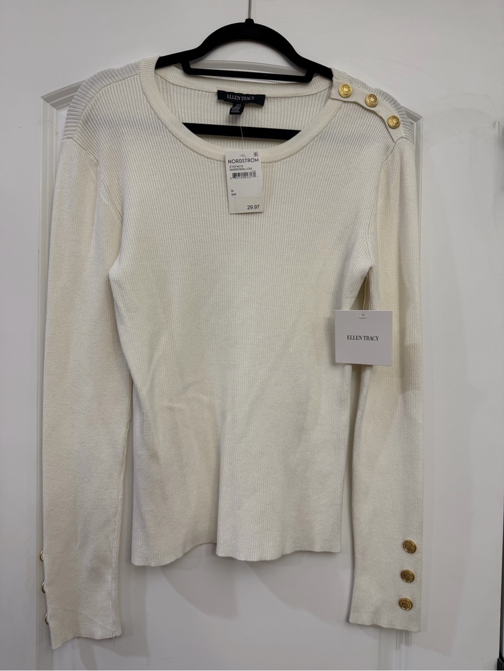 Ellen Tracy Cream Ribbed Long-Sleeve Top with Gold Buttons